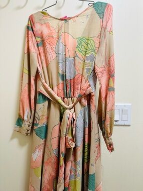 Xtaren Peach and Teal Floral Long Sleeve Tie-Waist Dress